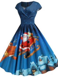 Women's Christmas Knee Length Dress Blue Dusty Blue Royal Blue Black Red Navy Blue Dark Blue Light Blue Short Sleeve Print Print Fall Winter V Neck Casual Vintage2021 S M L XL XXL 3XL -HANs Plus Size Style Shop gorapk1629970328151