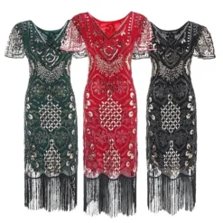 Women's Retro 1920s Fringe Dress Midi Dress Party Halloween Sequins Tassel Fringe Floral V Neck Short Sleeve Regular Fit Spring Fall 2023 Silver Red S M L XL