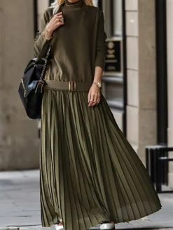 Women's Casual Dress Chiffon Dress Swing Dress Long Dress Maxi Dress Pleated Patchwork Outdoor Daily Vacation Fashion Streetwear Crew Neck Long Sleeve 2023 Loose Fit Black Pink Green Color One-Size