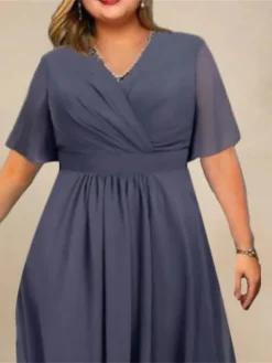 Women's Plus Size Curve Party Dress Cocktail Dress Plain Midi Dress Short Sleeve V Neck Fashion Party Dark Blue Gray Fall Winter L XL XXL 3XL 4XL -HANs Plus Size Style Shop gqaaid1694660829851