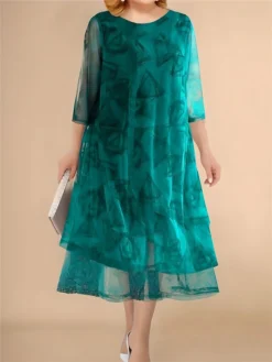 Women's Plus Size Curve Party Dress Cocktail Dress Wedding Guest Dress Midi Dress Green 3/4 Length Sleeve Geometric Mesh Spring Fall Winter Crew Neck Fashion Winter Dress Wedding Guest Vacation L XL
