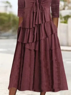 Women's Casual Dress Summer Dress Loose Dress Plain Ruched Twist V Neck Midi Dress Fashion Basic Outdoor Daily Long Sleeve Loose Fit Light Green Pink Wine Summer Spring S M L XL XXL -HANs Plus Size Style Shop gqioao1675160316009