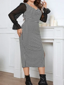 Women‘s Plus Size Curve Party Dress Cocktail Dress Bodycon Midi Dress Black Long Sleeve Print Mesh Spring Fall Winter V Neck Fashion Winter Dress Birthday Wedding Guest 2023 XL XXL 3XL 4XL -HANs Plus Size Style Shop gqnlec1692165911177