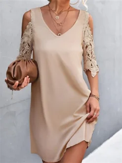 Women's Casual Dress Lace Dress Shift Dress Mini Dress Lace Cold Shoulder Outdoor Street Daily Fashion Streetwear V Neck Half Sleeve 2023 Regular Fit Black Wine Apricot Color S M L XL XXL Size