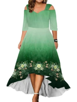 Women‘s Plus Size Curve Party Dress Wedding Guest Dress Swing Dress Long Dress Maxi Dress Black Pink Red 3/4 Length Sleeve Floral Cold Shoulder Summer Spring Fall V Neck Fashion Birthday Wedding Guest -HANs Plus Size Style Shop gqzimd1690428424126