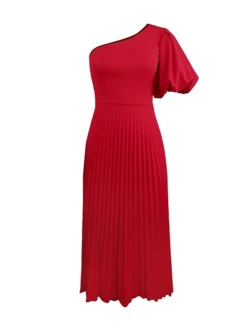 Women's Plus Size Curve Party Dress Cocktail Dress Swing Dress Plain Midi Dress Half Sleeve Pleated One Shoulder Fashion Party Red Fall Winter XL XXL 3XL 4XL -HANs Plus Size Style Shop graezt1694425974917