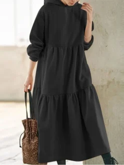 Women's Casual Dress Hoodie Dress Long Dress Maxi Dress Daily Casual Outdoor Vacation Going Out Hoodie Pure Color Regular Fit Black Fuchsia Apricot S M L XL XXL -HANs Plus Size Style Shop grkjmy1695027786788