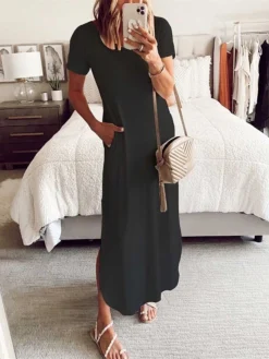 Women's Casual Dress Shift Dress Summer Dress Long Dress Maxi Dress Pocket Split Daily Date Going Out Fashion Basic Crew Neck Short Sleeve 2023 Regular Fit Black White Pink Color S M L XL XXL Size -HANs Plus Size Style Shop grqbnt1686547018405
