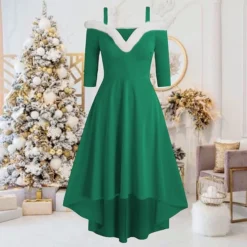 Women's Christmas Swing Dress Skater Dress Green Red Black Long Sleeve Pure Color Cold Shoulder Plus High Low Winter Fall V Neck Classic ModernFall Dress Slim 2022 S M L XL 2XL 3XL / Winter Dress -HANs Plus Size Style Shop grqqut1668155196760