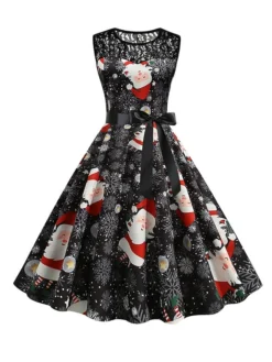 Women‘s Christmas Retro 1950s Vintage Dress Midi Dress Party Patchwork Bow Santa Claus Crew Neck Sleeveless Regular Fit Fall Winter 2023 Black White S M L XL -HANs Plus Size Style Shop grslvl1694501416336