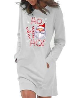 Women‘s Christmas Hoodie Dress Winter Dress Light Blue Grey White Long Sleeve Letter Santa Claus Snowflake Pocket Print Winter Fall Crew Neck Stylish Casual Fall Dress Loose Fit 2022 S M L XL 2XL -HANs Plus Size Style Shop grudfu1666088268013