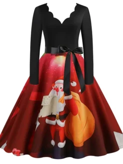 Women's Christmas Swing Dress Vintage Dress Midi Dress Green Blue Purple Long Sleeve Santa Claus Bow Winter Fall Autumn V Neck Fashion Daily Date 2022 S M L XL XXL 3XL -HANs Plus Size Style Shop grxhia1667894685250