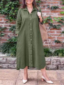 Women's Plus Size Curve Shirt Dress Casual Dress Solid Color Long Dress Maxi Dress Long Sleeve Button Pocket Shirt Collar Basic Outdoor ArmyGreen Navy Blue Fall Winter L XL XXL 3XL 4XL -HANs Plus Size Style Shop gsaexc1693533334394