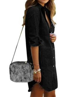 Women's Denim Dress Shirt Dress Shift Dress Mini Dress Outdoor Winter Dress Daily Cotton Denim Casual Shirt Collar Button Pocket Long Sleeve Summer Spring Fall 2023 Regular Fit Black Army Green Dark -HANs Plus Size Style Shop gsfnar1653299662108