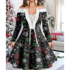 Women's Christmas Swing Dress Vintage Dress Mini Dress Green Light Green Wine Red Navy Blue White Long Sleeve Snowman Tree Snowflake Backless Feather Print Winter Fall Off Shoulder Vacation Stylish -HANs Plus Size Style Shop gswwdm1667977598792