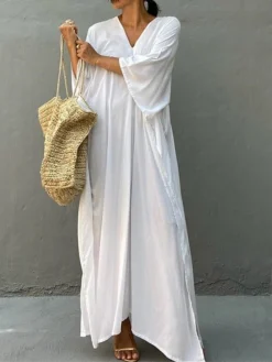 Women's Cover Up Beach Dress Beach Wear Long Dress Maxi Dress Split Basic Casual Plain V Neck 3/4 Length Sleeve Loose Fit Outdoor Daily White Yellow 2023 Spring Summer One Size -HANs Plus Size Style Shop gsxirs1672912293951
