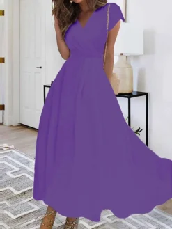 Women's Long Dress Maxi Dress Casual Dress Chiffon Dress Swing Dress Pure Color Casual Mature Outdoor Daily Date Ruched Short Sleeve V Neck Dress Regular Fit White Pink Red Summer Spring M L XL XXL -HANs Plus Size Style Shop gsxppa1684492514289