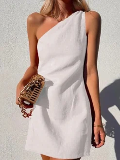 Women's Casual Dress Linen Dress Shift Dress Mini Dress Black White Red Sleeveless Pure Color Backless Spring Summer One Shoulder Vacation 2023 XS S M L XL XXL -HANs Plus Size Style Shop gtdqtk1654165018292