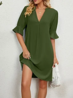 Women's Casual Dress Summer Dress Mini Dress Ruffle Daily Date Going Out Fashion Basic Split Neck Half Sleeve 2023 Loose Fit Black White Wine Color S M L XL XXL Size -HANs Plus Size Style Shop gtiksn1686107244048