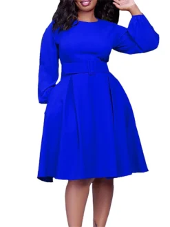 Women's Casual Dress Plain Dress Spring Dress Midi Dress Ruched With Belt Street Daily Holiday Fashion Streetwear Crew Neck Long Sleeve 2023 Regular Fit White Yellow Royal Blue Color S M L XL XXL Size -HANs Plus Size Style Shop gtkpfx1692706902713
