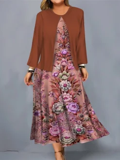 Women's Plus Size Curve Casual Dress Dress Set Two Piece Dress Floral Midi Dress Long Sleeve Print Crew Neck Fashion Outdoor Brown Green Fall Winter L XL XXL 3XL 4XL -HANs Plus Size Style Shop gtojog1697687128997