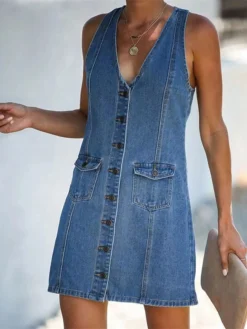 Women's Denim Dress Denim Shirt Dress Mini Dress Cotton Denim Stylish Hot Outdoor Daily Vacation V Neck Button Pocket Sleeveless Summer Spring 2023 Regular Fit Blue Pure Color S M L XL XXL -HANs Plus Size Style Shop gtojuy1641865983443