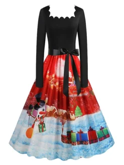 Women's Christmas Vintage Dress Swing Dress Mini Dress Black Pink Dark Blue Red Navy Blue Light Blue Long Sleeve Santa Claus Elk Snowman With Belt Print Winter Fall Square Neck 2022 S M L XL -HANs Plus Size Style Shop gtvihh1666676136872