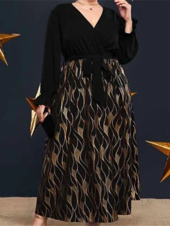 Women's Plus Size Curve Prom Dress Party Dress Wedding Guest Dress Long Dress Maxi Dress Black Long Sleeve Print Lace Up Fall Winter Autumn V Neck Fashion Evening Party Wedding Guest L XL -HANs Plus Size Style Shop gtzzll1693205936683