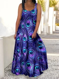 Women‘s Plus Size Curve Casual Dress Swing Dress Strap Dress Peacock Feather Long Dress Maxi Dress Sleeveless Print Strap Romantic Daily Deep Green Multicolor Summer Spring L XL XXL 3XL 4XL -HANs Plus Size Style Shop gufeae1679902288795