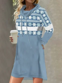 Women's Casual Dress Print Dress Spring Dress Floral Pocket Print Hooded Mini Dress Fashion Streetwear Outdoor Daily Long Sleeve Loose Fit Blue Green Light Blue Spring Fall S M L XL XXL