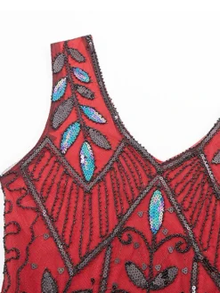 Women's Retro 1920s Fringe Dress Midi Dress Party Halloween Sequins Tassel Fringe Leaf V Neck Sleeveless Regular Fit Spring Fall 2023 Black Wine S M L XL -HANs Plus Size Style Shop gusvvj1692948664507