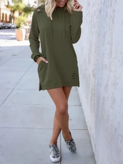Women's Casual Dress Hoodie Dress Plain Dress Mini Dress Pocket Ripped Outdoor Daily Going Out Active Fashion Hooded Long Sleeve 2023 Loose Fit Pink Khaki Army Green Color S M L XL Size -HANs Plus Size Style Shop gvaobz1694487460201