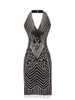 Women's Retro 1920s Sequin Dress Mini Dress Party Halloween Sequins Patchwork Floral Halter Neck Sleeveless Regular Fit Spring Fall 2023 Black Green S M L XL -HANs Plus Size Style Shop gvjilp1693212151241