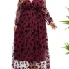Women's Plus Size Curve Party Dress Formal Dress Burgundy Dress Floral Long Dress Maxi Dress Long Sleeve Lace Up Ruched V Neck Fashion Wedding Wine Spring Fall XL XXL 3XL 4XL 5XL