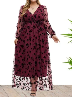 Women's Plus Size Curve Party Dress Formal Dress Burgundy Dress Floral Long Dress Maxi Dress Long Sleeve Lace Up Ruched V Neck Fashion Wedding Wine Spring Fall XL XXL 3XL 4XL 5XL