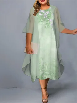Women‘s Plus Size Curve Casual Dress Dress Set Two Piece Dress Floral Midi Dress 3/4 Length Sleeve Print Crew Neck Fashion Daily Pink Blue Spring Summer L XL XXL 3XL