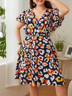 Women‘s Plus Size Curve Casual Sweater Dress Floral Sweater Dress Floral Midi Sweater Dress Short Sleeve Print V Neck Fashion Daily Blue Spring Summer XL XXL 3XL 4XL -HANs Plus Size Style Shop gwlqri1676457754838