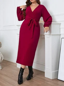 Women‘s Plus Size Curve Work Dress Sheath Dress Semi Formal Dress Fashion Midi Dress Lace Up Split V Neck Long Sleeve Plain Regular Fit Wine Spring Fall XL XXL 3XL 4XL