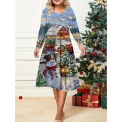 Women's Christmas Plus Size Curve Casual Dress Skater Dress A Line Dress Snowman Christmas Tree Midi Dress Long Sleeve Print Crew Neck Fashion Outdoor White Royal Blue Fall Winter L XL XXL 3XL 4XL -HANs Plus Size Style Shop gwssde1695641832062