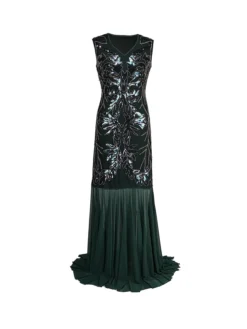 Women's Retro 1920s Sequin Dress Long Dress Maxi Dress Party Evening Party Sequins Patchwork Floral V Neck Sleeveless Regular Fit Spring Fall 2023 Black Red S M L XL -HANs Plus Size Style Shop gwstxo1693533782077