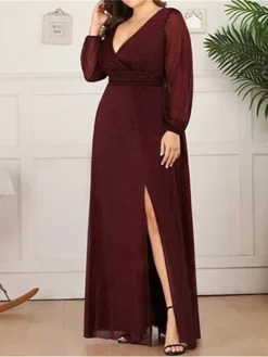 Women's Plus Size Curve Party Dress Sheath Dress Burgundy Dress Solid Color Plain Long Dress Maxi Dress Long Sleeve V Neck Fashion Party Black Wine Fall Winter L XL XXL 3XL 4XL
