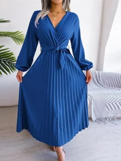 Women's Casual Dress Swing Dress Long Dress Maxi Dress Black Red Royal Blue Long Sleeve Pure Color Lace Up Spring Fall Winter V Neck Fashion 2023 S M L XL -HANs Plus Size Style Shop gxasod1670581799874