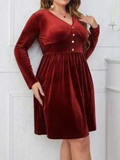 Women's Plus Size Party Dress Velvet Dress Cocktail Dress Midi Dress Wine Long Sleeve Pure Color Ruched Spring Fall Winter V Neck Fashion Winter Dress Wedding Guest Birthday 2023 XL XXL 3XL 4XL -HANs Plus Size Style Shop gxezqn1692178765524