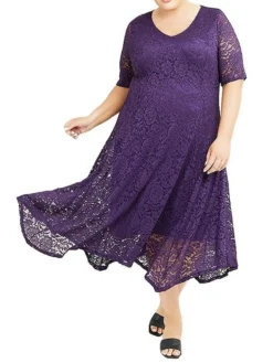 Women's Plus Size Curve Party Dress Lace Dress Cocktail Dress Midi Dress Blue Purple Half Sleeve Pure Color Lace Summer Spring Fall V Neck Fashion Birthday Wedding Guest Vacation 2023 XL XXL 3XL -HANs Plus Size Style Shop gxmroa1692156268639