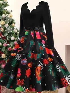 Women's Christmas Casual Dress Swing Dress Vintage Dress Midi Dress Black Wine Orange Long Sleeve Animal Bow Winter Fall Autumn V Neck 2022 S M L XL XXL 3XL -HANs Plus Size Style Shop gxtyrl1668072728188
