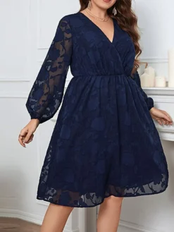 Women's Plus Size Curve Party Dress Lace Dress Wedding Guest Dress Midi Dress Dark Blue Long Sleeve Flower Lace Spring Fall Winter V Neck Fashion Evening Party Wedding Guest XL XXL 3XL 4XL