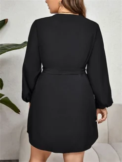 Women's Plus Size Curve Casual Dress Sheath Dress Black Dress Geometric Midi Dress Long Sleeve Lace Up Print V Neck Fashion Outdoor Black Fall Winter XL XXL 3XL 4XL -HANs Plus Size Style Shop gywoig1695024243373