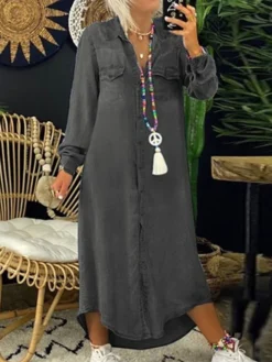 Women's Denim Dress Casual Dress Shift Dress Maxi Long Dress Cotton Denim Casual Mature Outdoor Winter Dress Daily Shirt Collar Button Pocket Long Sleeve Summer Spring Fall 2023 Loose Fit Black Dark -HANs Plus Size Style Shop gzawzd1684808120404