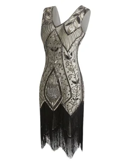 Women's Retro 1920s Fringe Dress Midi Dress Party Halloween Sequins Tassel Fringe Leaf V Neck Sleeveless Regular Fit Spring Fall 2023 Black Wine S M L XL -HANs Plus Size Style Shop gziqwj1692948656406