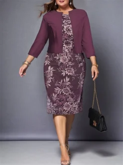 Women's Plus Size Curve Casual Dress Dress Set Two Piece Dress Floral Midi Dress Long Sleeve Print Crew Neck Fashion Outdoor Black Blue Fall Winter L XL XXL 3XL 4XL